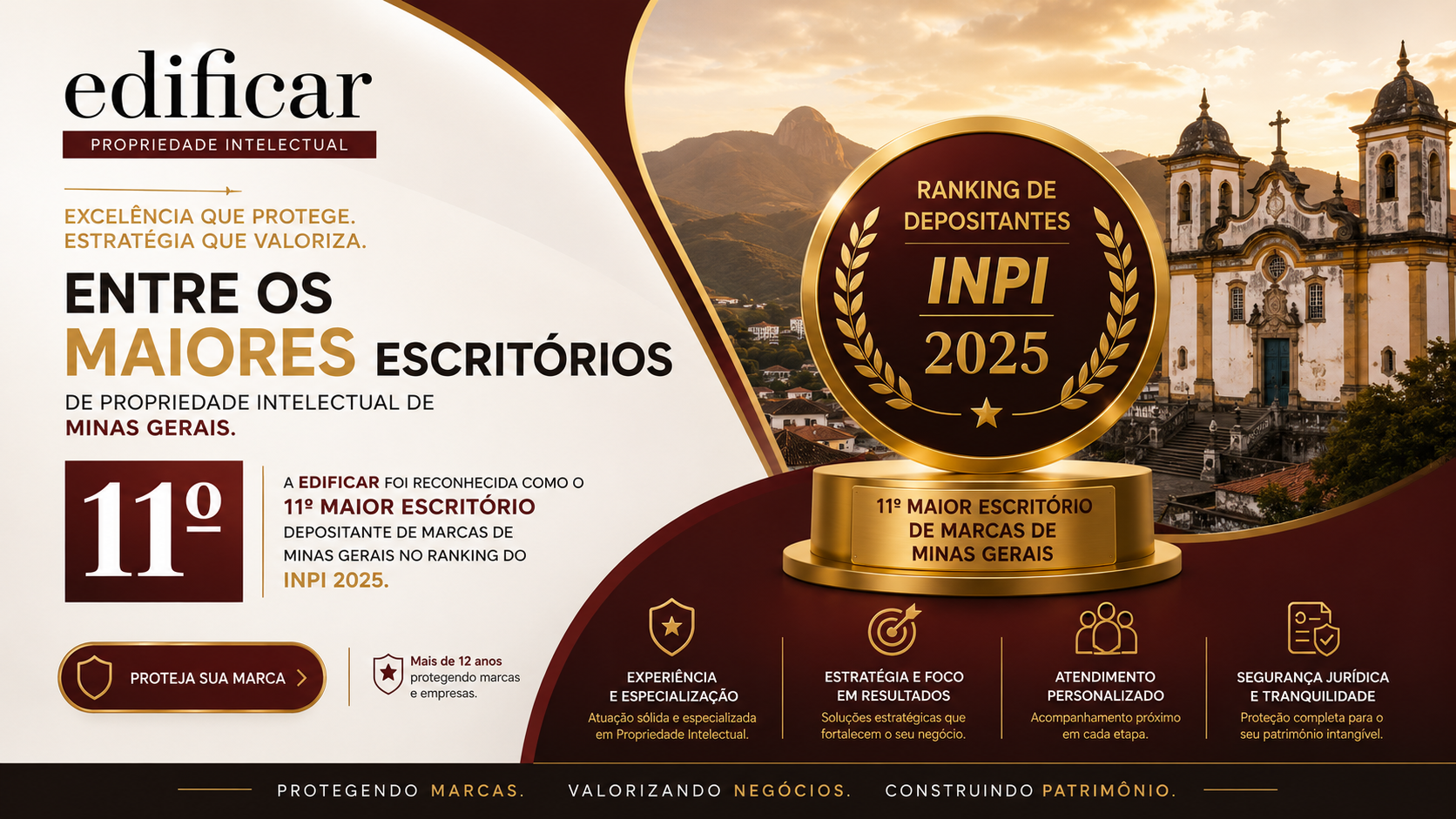 A Edificar foi reconhecida como o 11º maior escritório depositante de marcas de Minas Gerais no Ranking do INPI 2025.